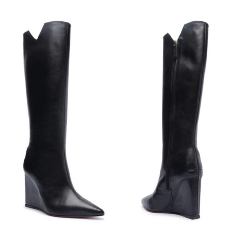 Schutz Asya Up Cut Black Boot Women's Pointed Toe Wedge Heel High Boot Size 7.5